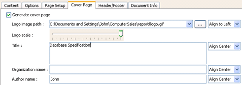 Specify pdf report cover