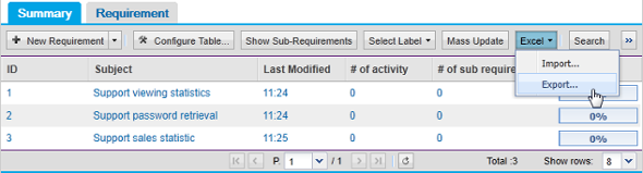 Export Excel from Requirement view