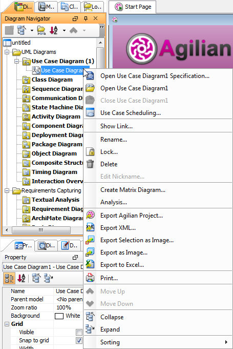 The pop-up menu of diagram in diagram navigator