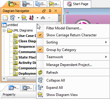 The pop-up menu of diagram navigator