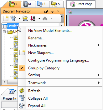 The pop-up menu of project node in diagram navigator