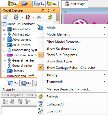 The pop-up menu of Model Explorer