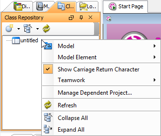The pop-up menu of Class Repository