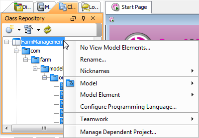 The pop-up menu of project node in Class Repository