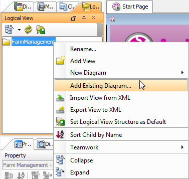 Select Add Existing Diagram... from the pop-up menu
