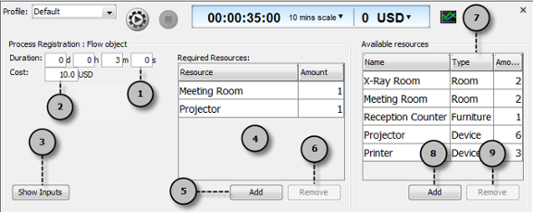 An overview of simulacian control panel while selected flow object