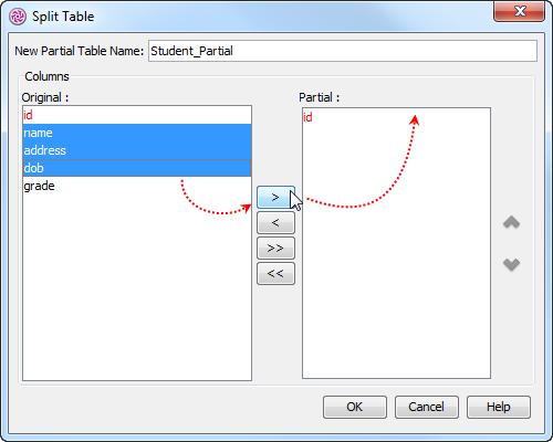 Move columns to partial table