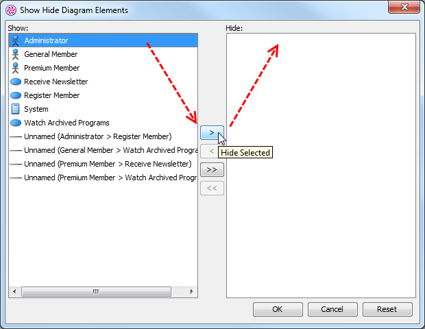 Select a diagram element to be moved to Hide list
