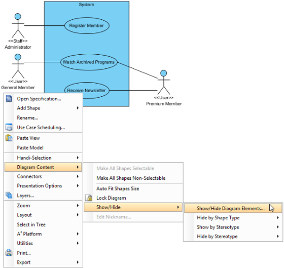 Select Show/Hide Diagram Elements... from the pop-up menu