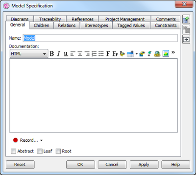 Model Specification dialog box