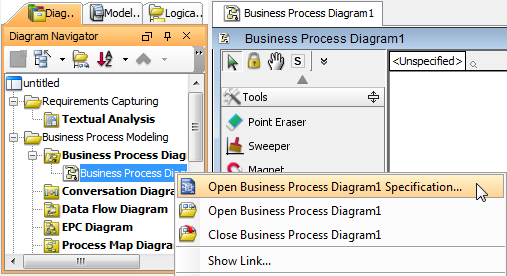 Open a diagram's specification dialog box
