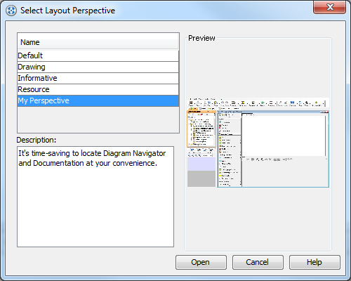 The Select Layout Perspective dialog box