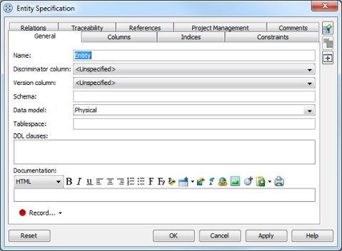 The Entity Specification dialog box