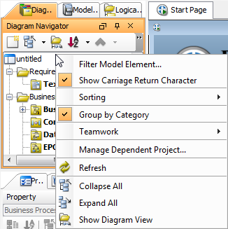 The pop-up menu of Diagram Navigator