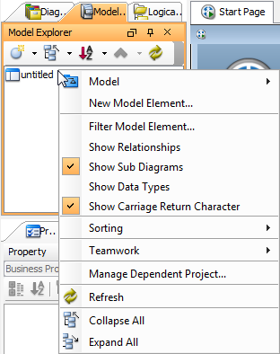 The pop-up menu of model explorer