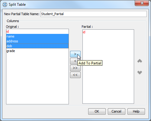Move columns to partial table
