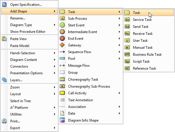Create a shape through the pop-up menu of diagram