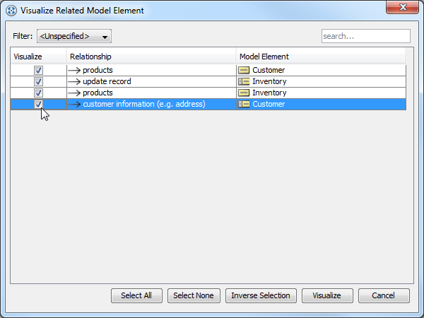 Visualize Related Model Element dialog box