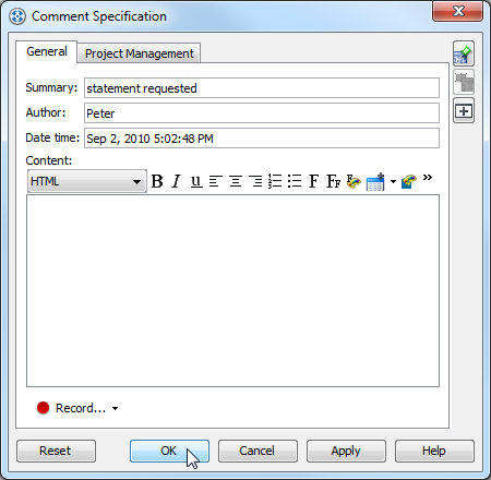 Enter information in Comment Specification dialog box
