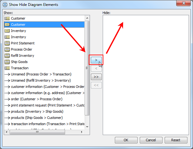 Select a diagram element to be moved to Hide list
