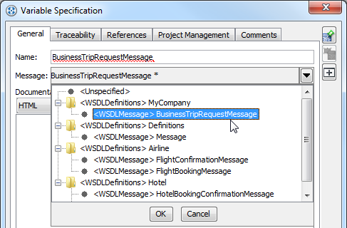 Selecting a WSDL message for variable