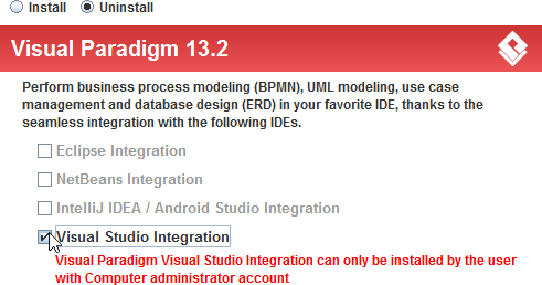 Select Visual Studio integration for uninstallation