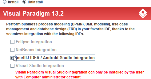 Select IntelliJ IDEA / Android Studio integration for uninstallation