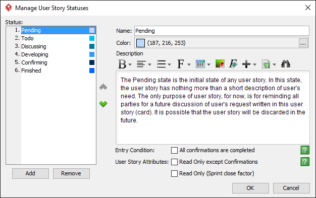 The Manage User Story Statuses window