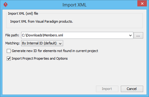 The Import XML window
