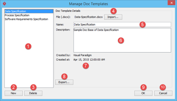 Overview of Manage Doc Templates window