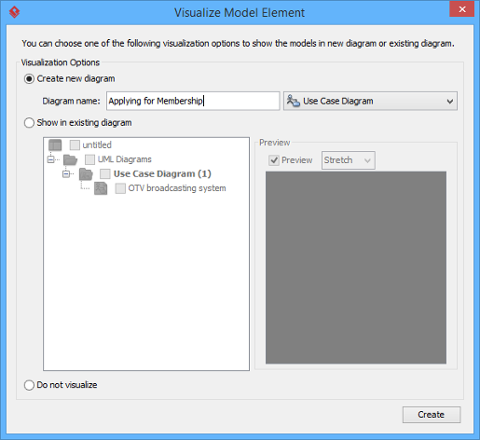 Check an option in Visualize Model Element window