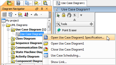 Open a diagram's specification dialog box