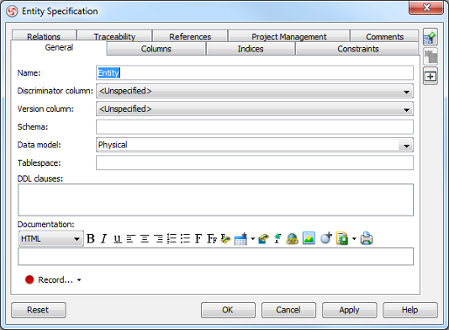 The Entity Specification dialog box