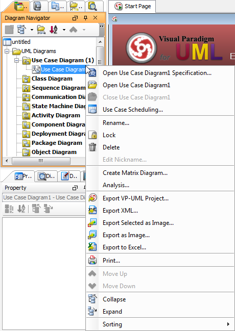The pop-up menu of diagram in diagram navigator