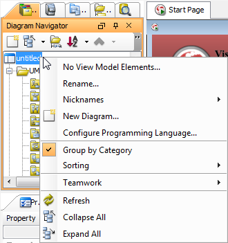 The pop-up menu of project node in diagram navigator