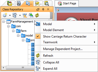 The pop-up menu of Class Repository