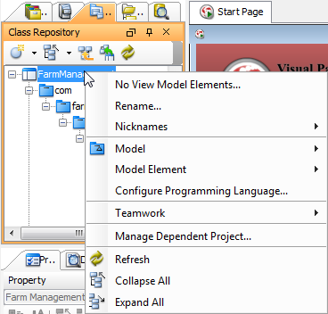 The pop-up menu of project node in Class Repository