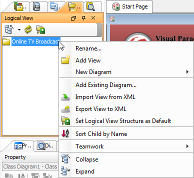 The pop-up menu of project node in Logical View