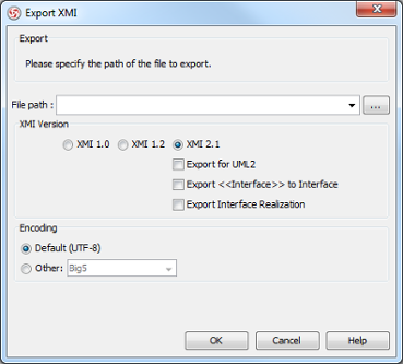 An overview of the Export XMI dialog box
