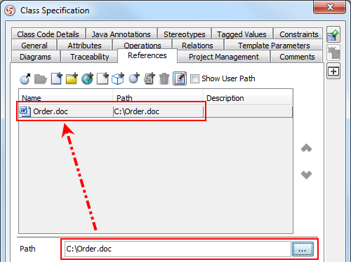 Insert a file in Class Specification dialog box