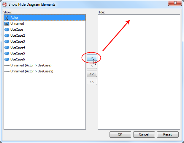 Select a diagram element to be moved to Hide list