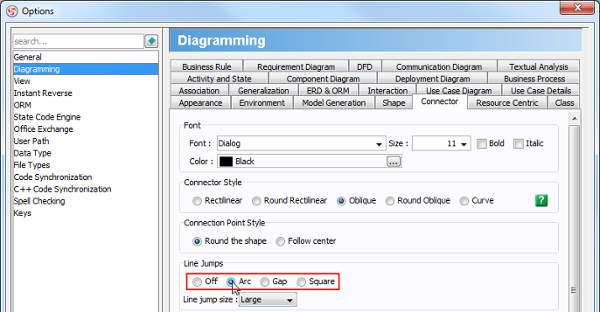 Select Arc in Options dialog box
