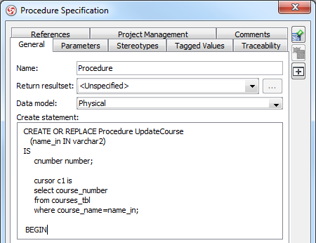 Specify create statement in Procedure Specification dialog box