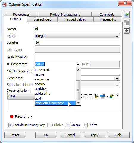 Select an ID generator in Column Specification dialog box