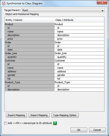 Synchronize to Class Diagram dialog box