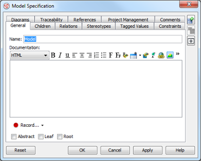 Model Specification dialog box