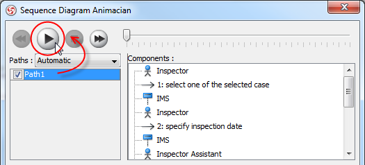 Clicking Play in Sequence Diagram Animacian dialog box
