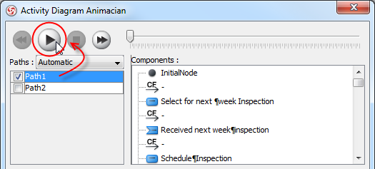 Clicking Play in Activity Diagram Animacian dialog box