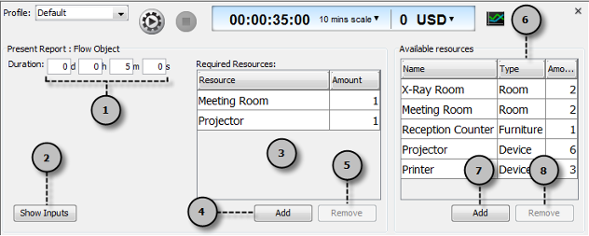 An overview of simulacian control panel while selected flow object