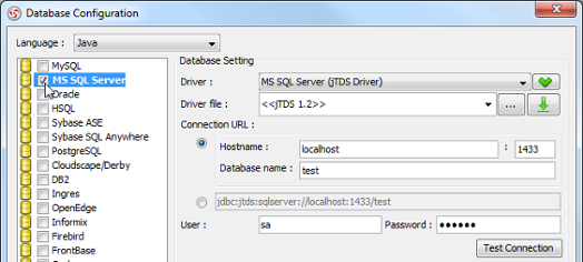 Database Configuration dialog box